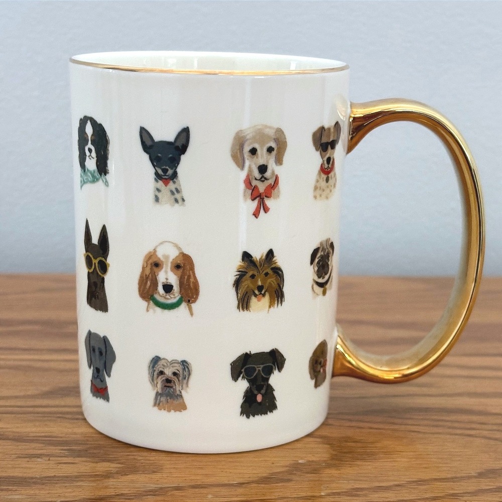 Rifle Paper Co Dog‎ Portrait Ceramic Mug White Gold Metallic Handle Illustrated